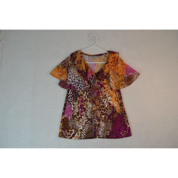 Simonton Says Women's Medium Pink Animal Print Ruffled Short Sleeve Blouse - Picture 1 of 12